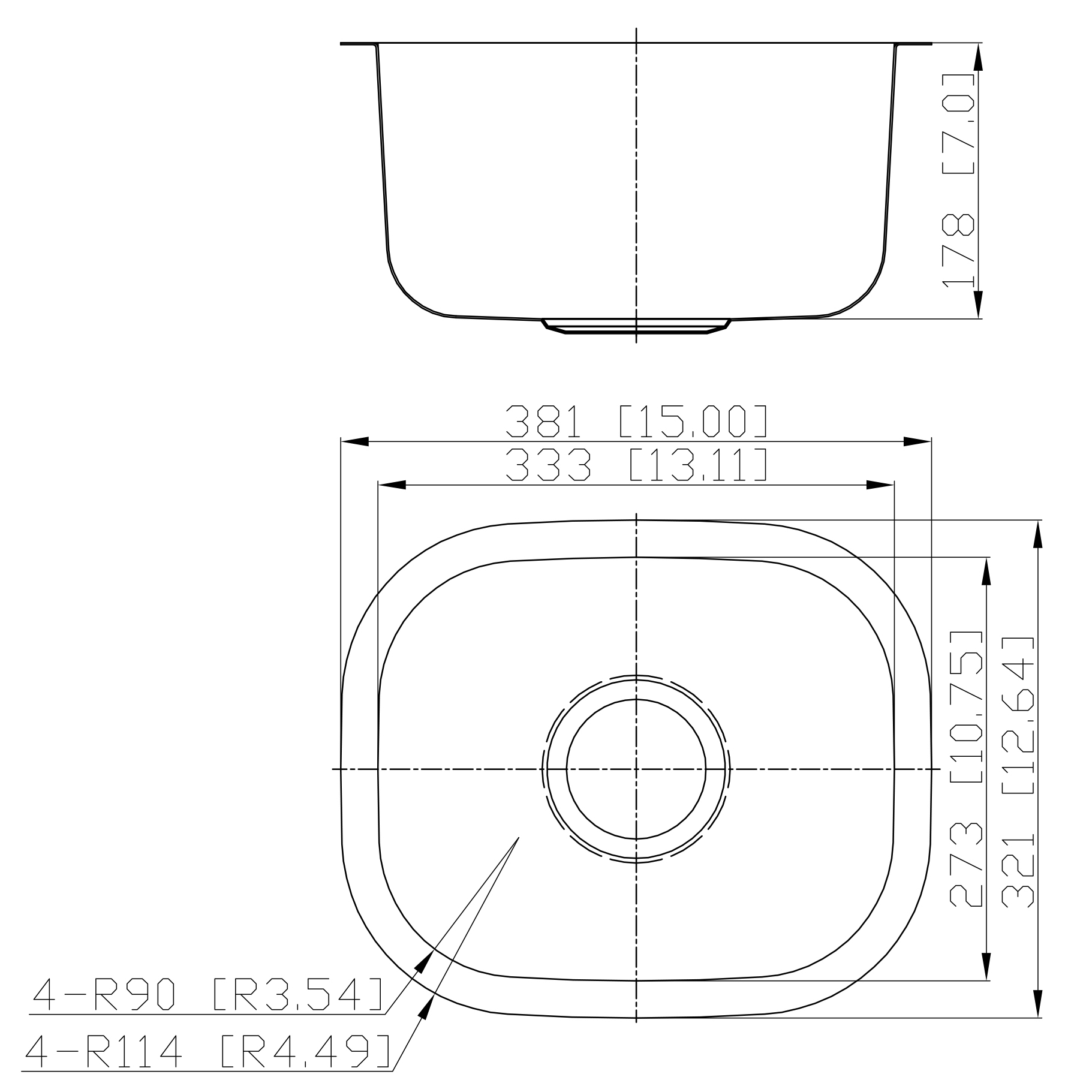 Fregadero de cocina dibujado bajo encimera de un solo tazón de acero inoxidable