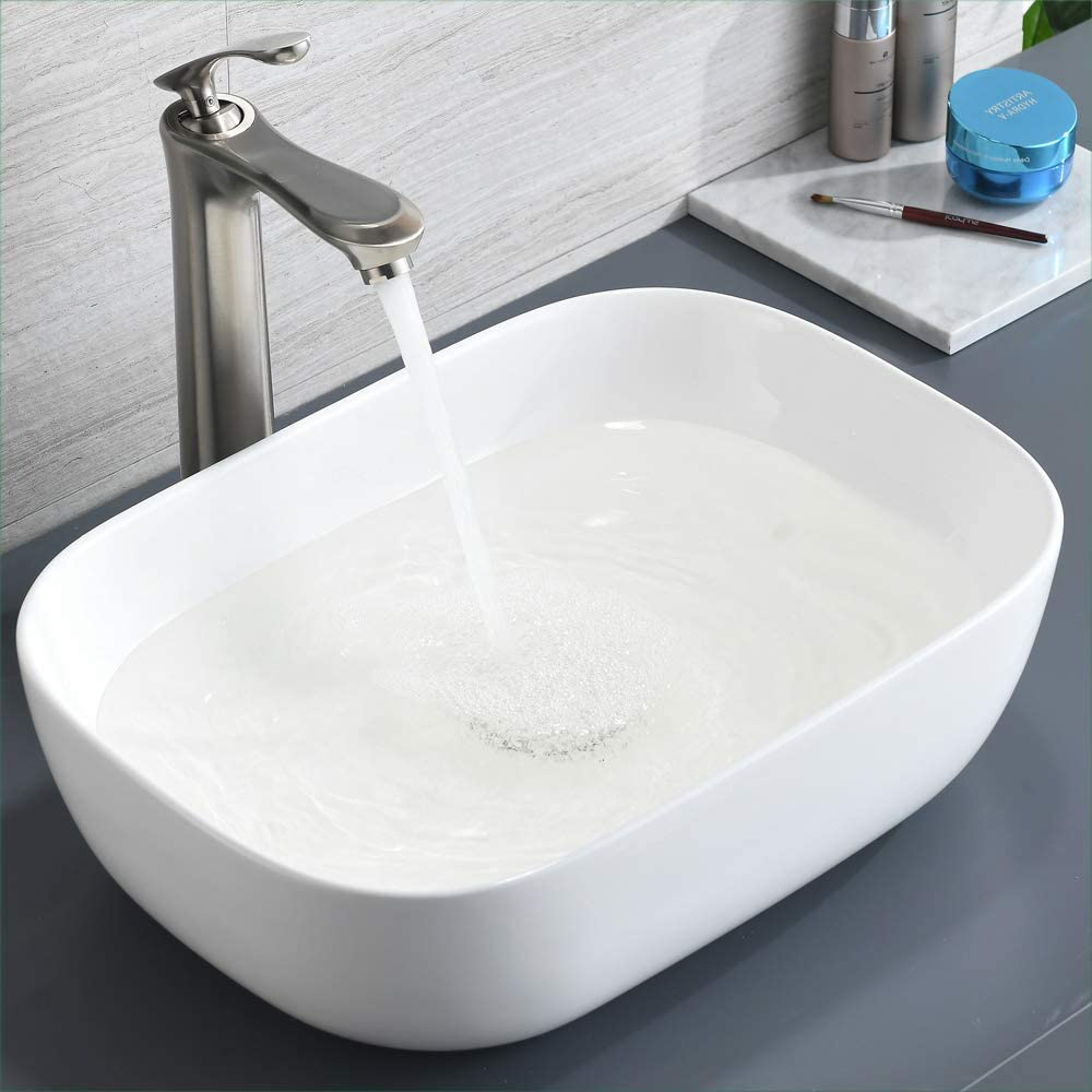 Lavabo de arte de cerámica blanca para tocador de baño sobre encimera ovalado Aquacubic