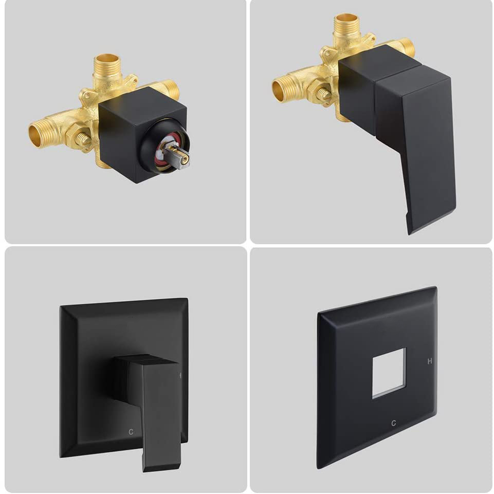 Válvula y juegos de moldura de ducha de color negro mate con certificación cUPC Aquacubic, con cabezal de ducha cuadrado de 8', válvula de control de latón y caño para bañera