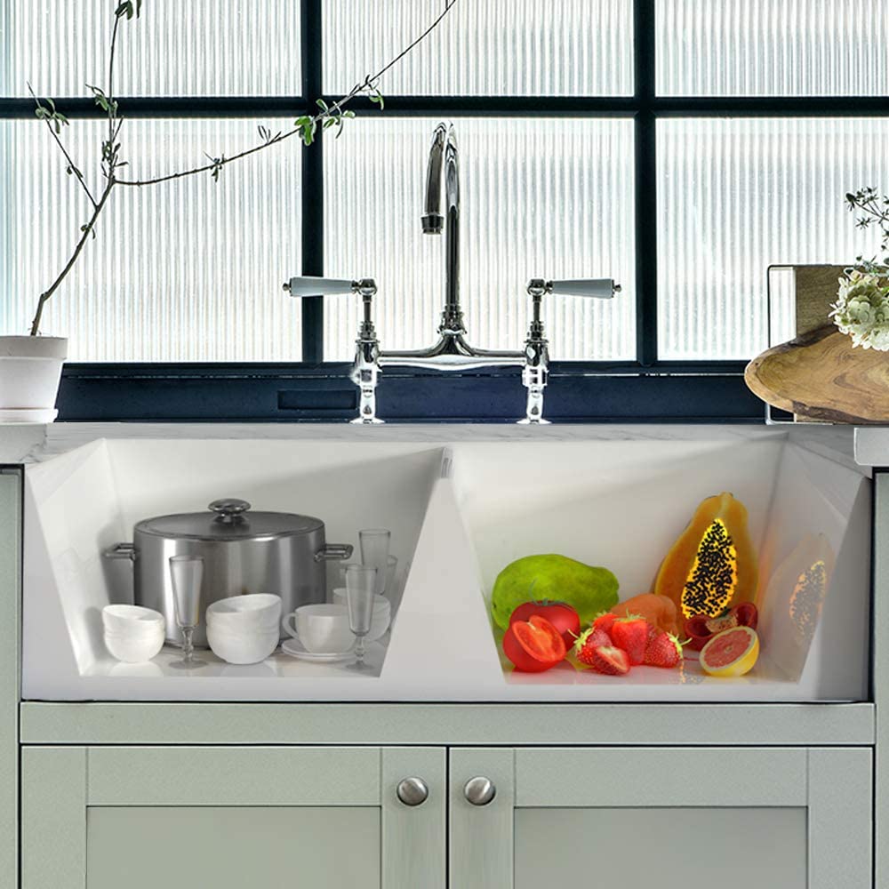 Fregadero de cocina reversible de 33 pulgadas de arcilla refractaria blanca con doble lavabo con 2 rejillas de acero inoxidable y 2 desagües